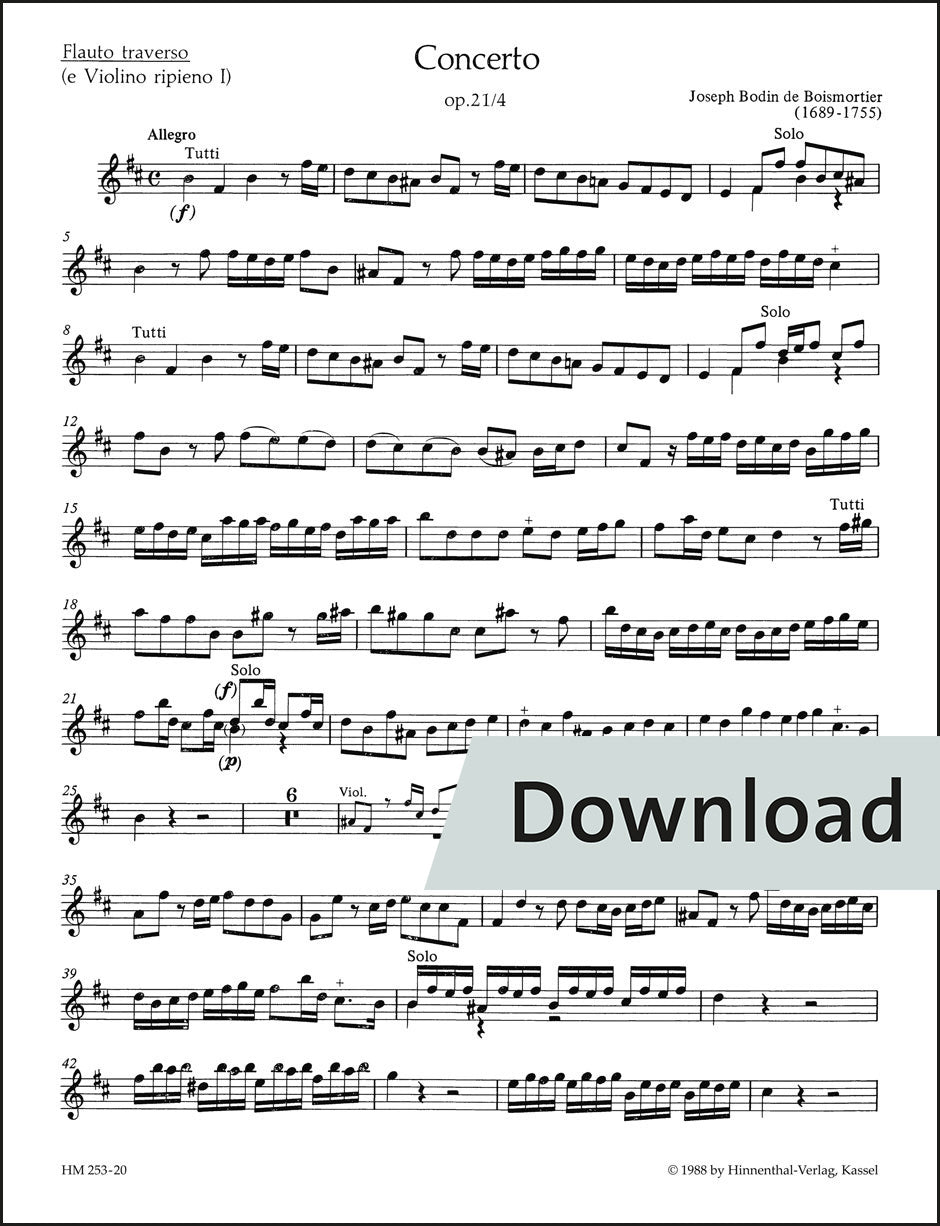 ボワモルティエ：協奏曲(2つの独奏楽器、弦楽と通奏低音、または2つの独奏楽器と通奏低音のための) ロ短調 op.21-4 – フルート・第1ヴァイオリン(リピエーノ) パート譜【デジタル版】