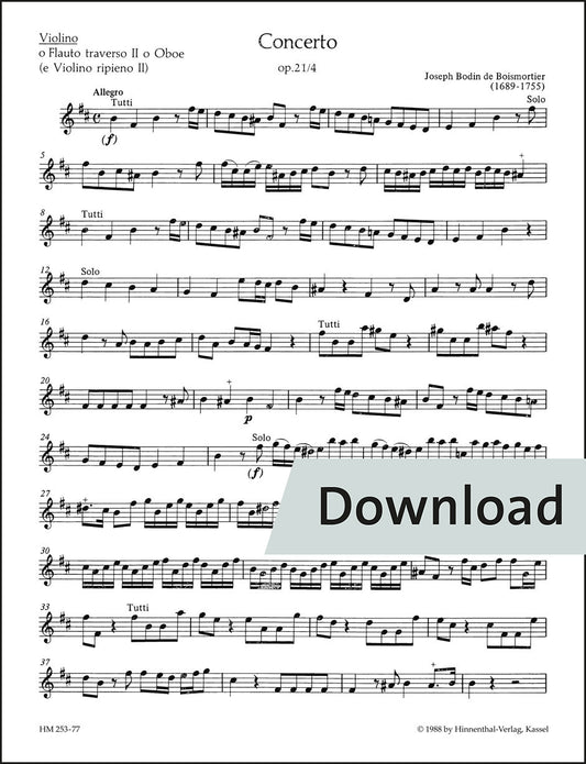ボワモルティエ：協奏曲(2つの独奏楽器、弦楽と通奏低音、または2つの独奏楽器と通奏低音のための) ロ短調 op.21-4 – 独奏ヴァイオリン(第2フルート、オーボエ)・第2ヴァイオリン(リピエーノ) パート譜【デジタル版】
