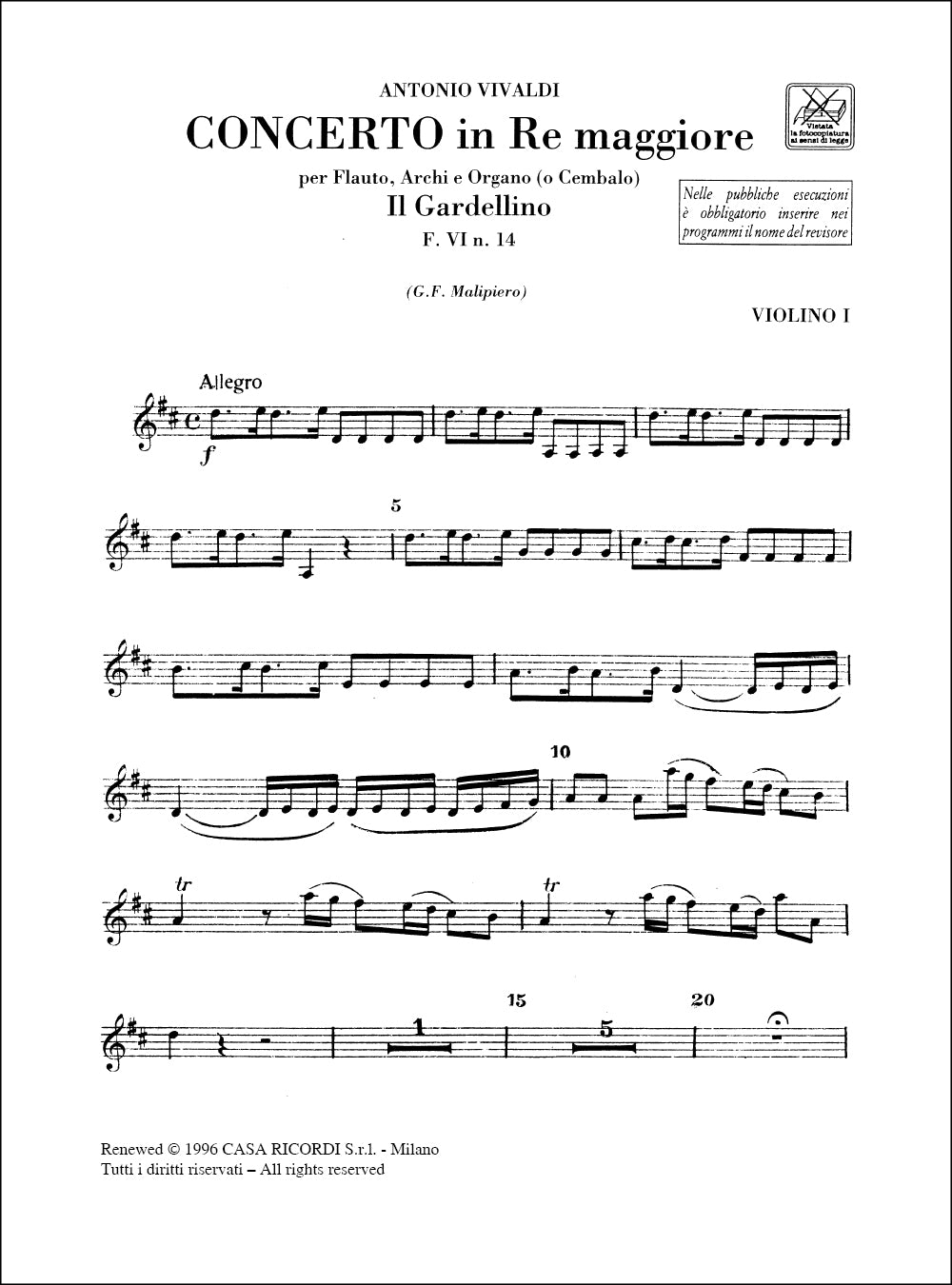 Antonio Vivaldi：Concerto per Flauto, Archi e BC: In Re Rv 428