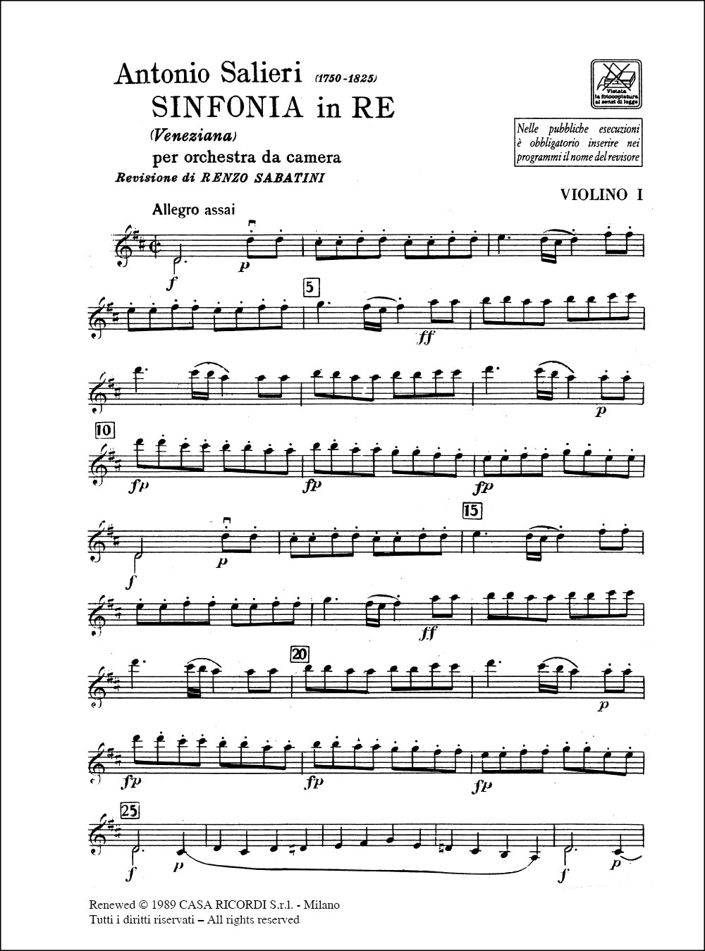 Antonio Salieri：Sinfonia In Re 'Veneziana'：Per Orchestra Da Camera - Parti