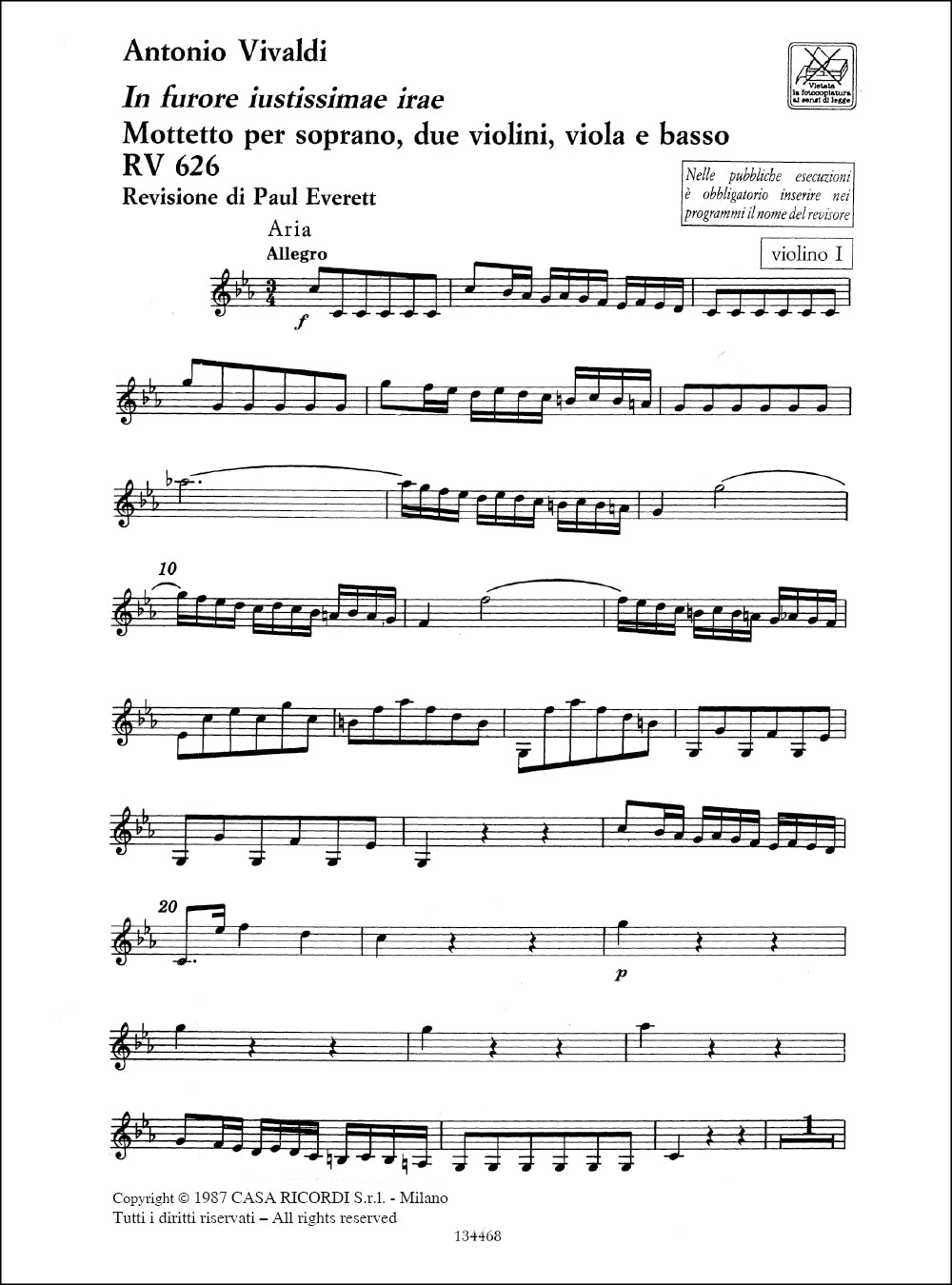Antonio Vivaldi：In Furore Justissimae Irae Rv 626：Ed. Critica P. Everett - Parti Orchestra, softcover