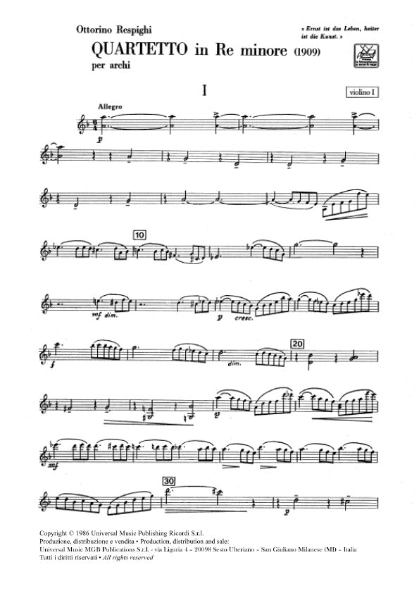 レスピーギ：弦楽四重奏曲 ニ短調：Per Quartetto D'Archi (1909) - Parti