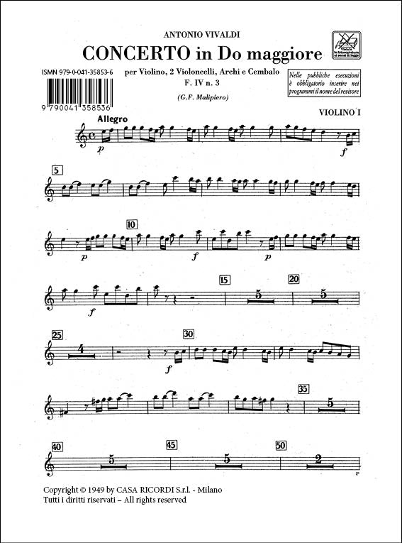 Antonio Vivaldi：Concerto Per Vl. E Vc. Solisti, Archi E B.C.:：ヴァイオリン1本と2本のチェロ用 ハ長調 RV561 F.IV-3 第53巻 パート譜