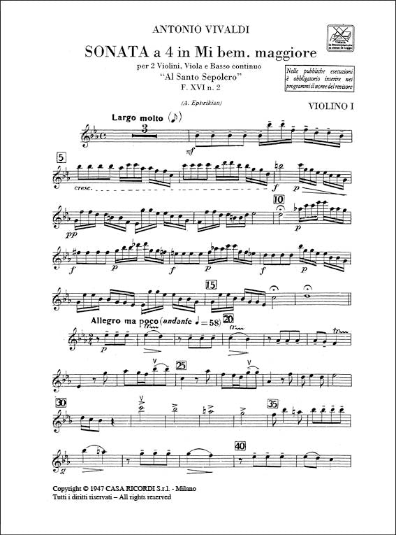 Antonio Vivaldi：Sonata a 4 in Mi Bem. 'Al Santo Sepolcro' Rv130：per 2 Violini, Viola and BC - F.Xvi-2 - Tomo 21 - Parti