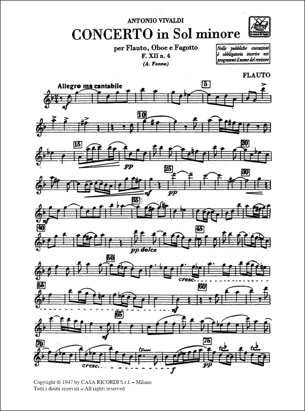 Antonio Vivaldi：Concerto Per Strumenti Diversi E B.C.:：In Sol Min. Per Fl., Ob. E Fg. (Senza B.C.) Rv 103 - F.Xii/4 - Tomo 23 - Parti