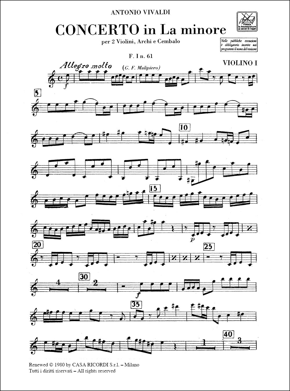 Antonio Vivaldi：Concerto Per Vl. Archi E B.C.: Per 2 Vl In La Min