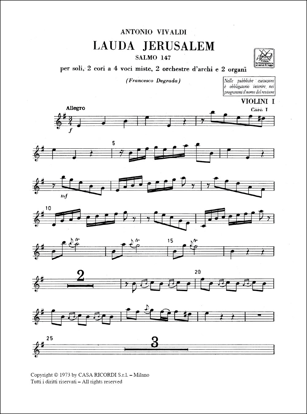 Antonio Vivaldi：Lauda Jerusalem. Salmo 147 Rv 609