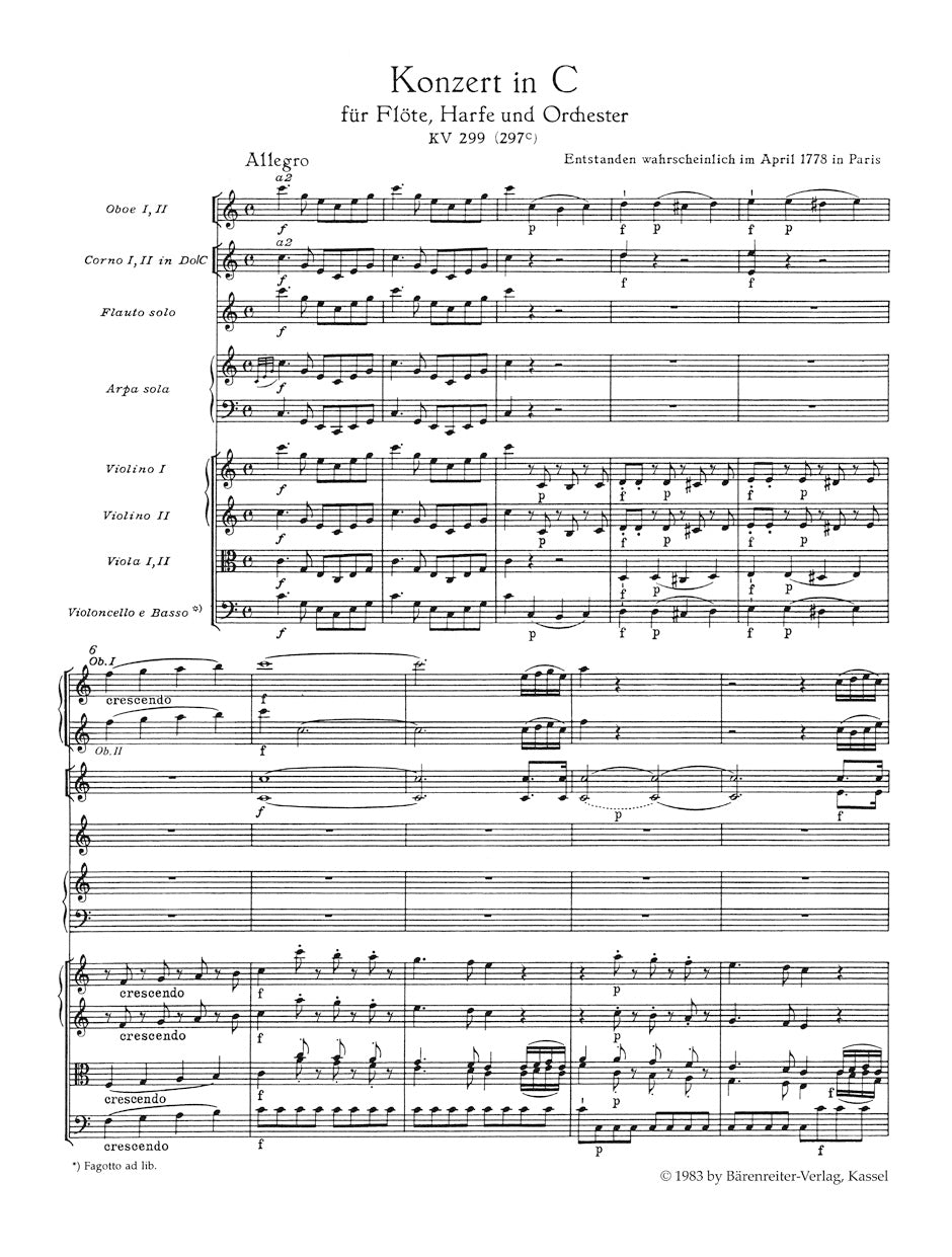 スコア／モーツァルト：フルート、ハープと管弦楽のための協奏曲 ハ長調 K. 299 (297c)