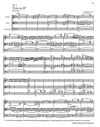 スコア／シューベルト：ヴァイオリン、ヴィオラとチェロのための弦楽三重奏曲全集