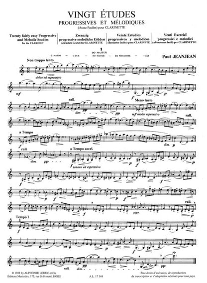 クラリネット／ジャンジャン：クラリネットのための 段階的な旋律的練習曲 20の練習曲 第1冊（初級）