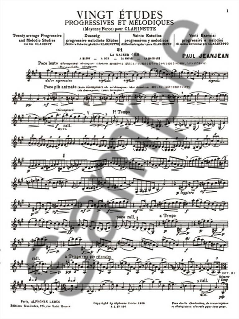 クラリネット／ジャンジャン：クラリネットのための 段階的な旋律的練習曲 20の練習曲 第2冊（中級）