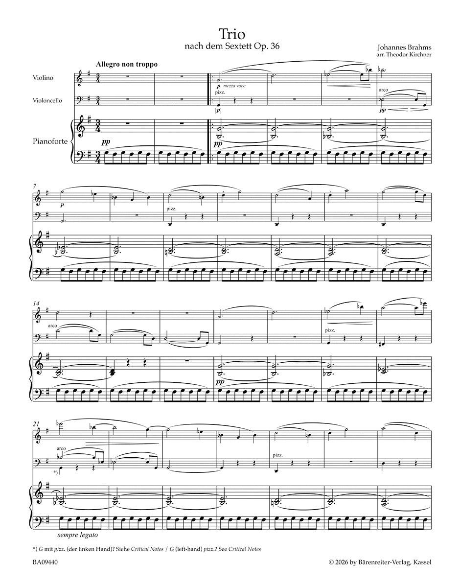 アンサンブル三重奏／ブラームス：ピアノ三重奏曲（弦楽六重奏曲 ト長調 op.36 編曲版）